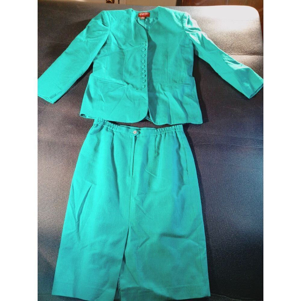 Vintage Green Sasson‎ Skirt Set Blazer And Skirt Size 12 Shoulder Pads Slit 80's